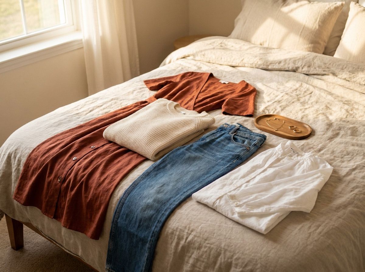 A selection of women-s clothing items laid out neatly on a bed or chair – including a solid-colored dress, a soft sweater, a pair of well-fitting jeans, and a simple blouse. A few minimalistic accessories like a necklace and earrings are also visible.