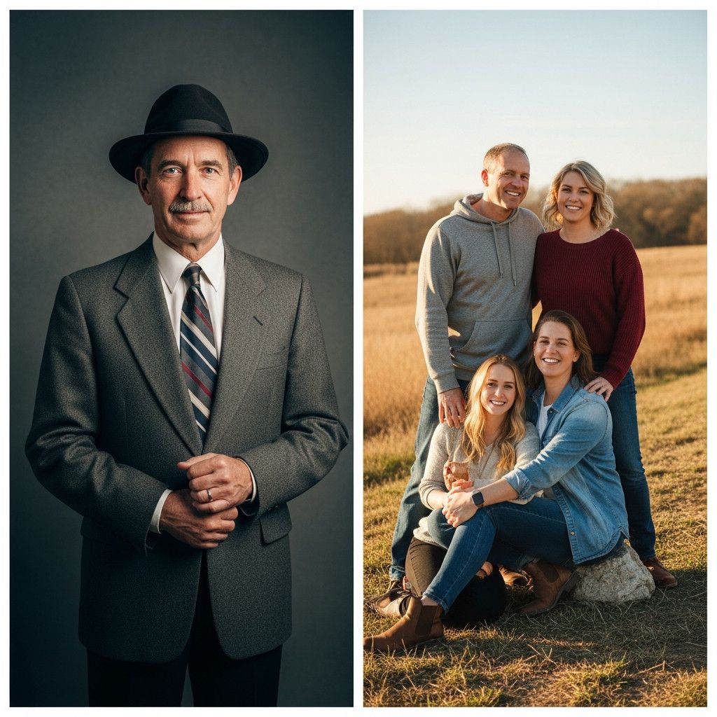 A side-by-side comparison. On one side, a traditionally posed studio portrait with stiff posture and artificial lighting. On the other side, a candid lifestyle shot in a natural setting with relaxed subjects.