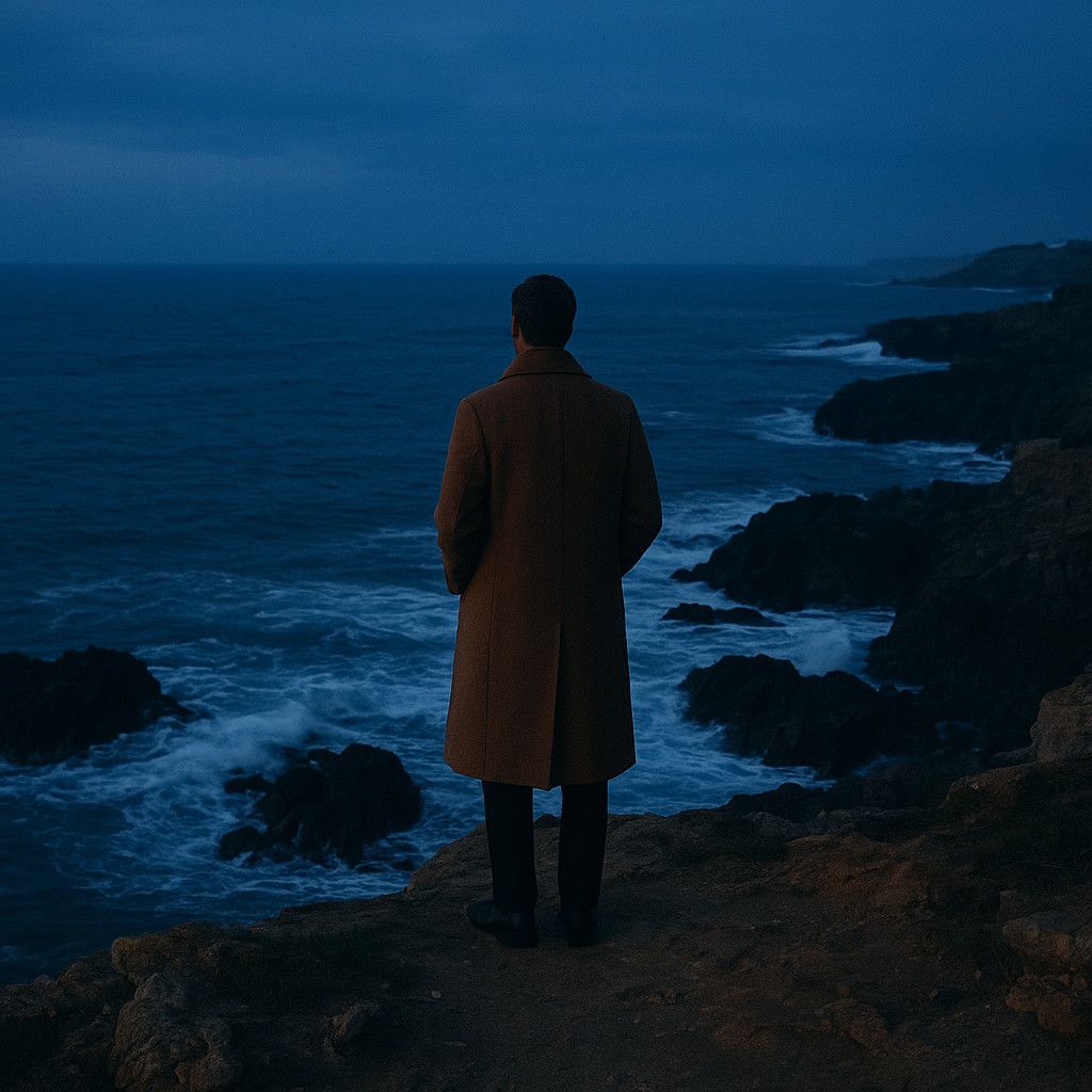 A solitary figure in an elegant wool coat standing on a rugged coastal cliff in Cascais at deep twilight, looking out toward the dark Atlantic Ocean with soft, misty waves breaking against the dark rocks below, natural moody blue hour lighting