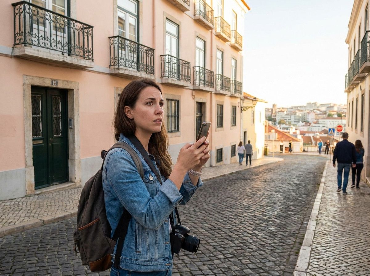 A solo female traveler in Lisbon, looking slightly self-conscious trying to take a selfie with a beautiful city backdrop, but her focus is divided between her phone and her surroundings. The setting shows charming, less crowded streets of Lisbon, not famo