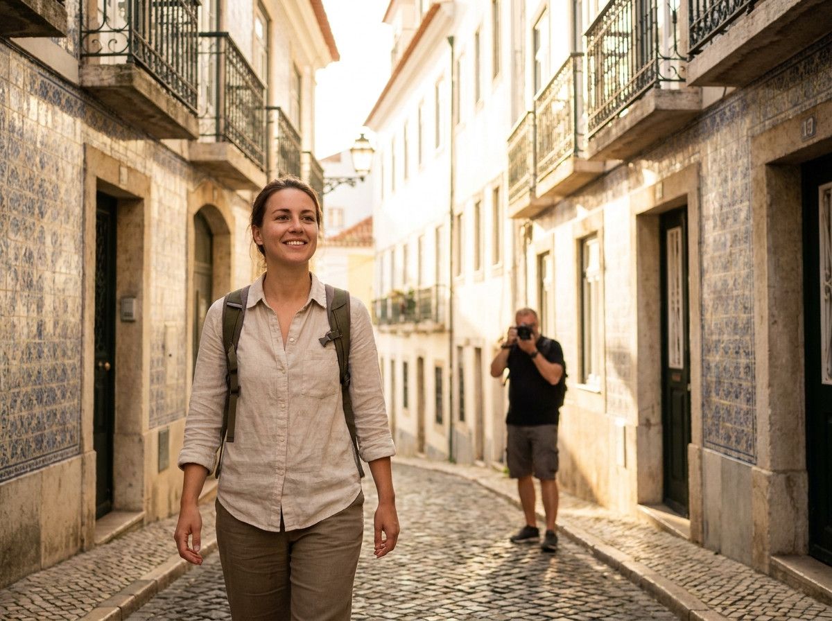A solo female traveler walking confidently and relaxed through a charming, narrow street in Lisbon, with a natural smile. The photographer is subtly in the background, capturing her genuine moment, ensuring she looks comfortable and safe.