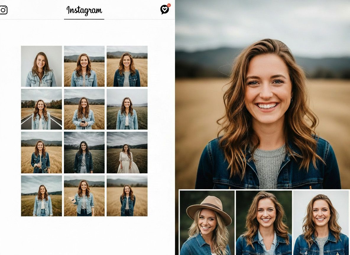 A split image. On one side, a mood board with various Instagram photos showcasing different styles (e.g., bright and airy, dark and moody, vintage). On the other side, a few examples of Dimas Frolov-s own portrait photography, demonstrating his distinct s