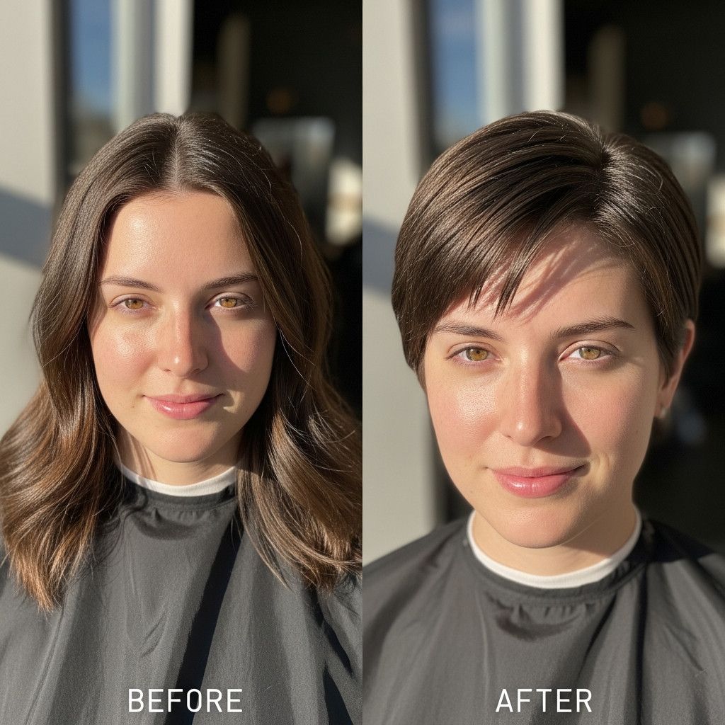 A split image showing a person with two distinct hairstyles, one before and one after a significant change. The -before- side could show longer hair, while the -after- side shows a shorter, more modern cut. The background should be neutral and professiona