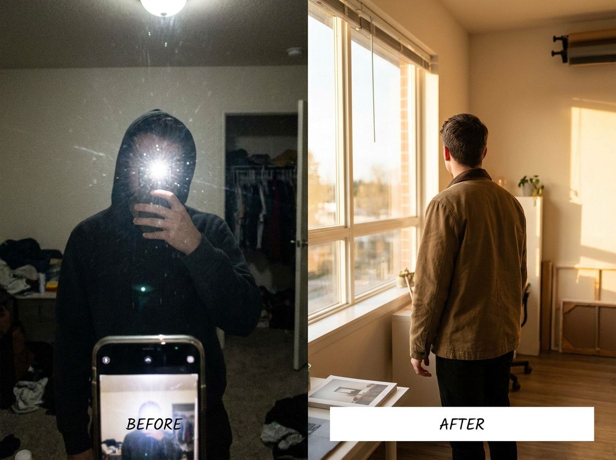 A split image contrasting a poorly lit, awkward mirror selfie with a well-composed, naturally lit professional portrait of the same person (gender neutral, not showing distinct facial features to maintain anonymity), highlighting the difference in quality