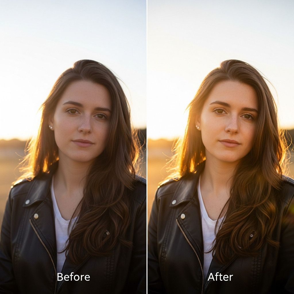 A split-screen image showcasing a before-and-after example of photo editing. The -before- side shows a slightly underexposed portrait, while the -after- side shows the same portrait with improved lighting and color balance. The changes should be subtle an