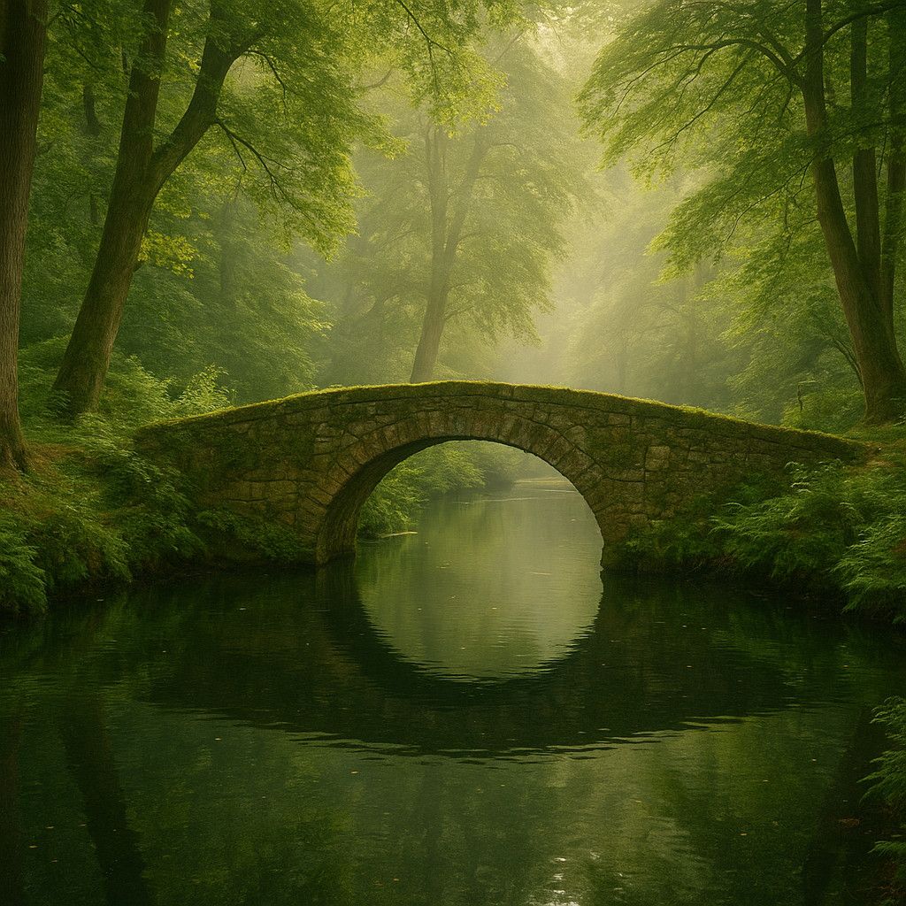 A stone bridge over a secluded woodland pond with dark green water, surrounded by giant ancient trees and lush foliage with gentle mist floating through the background