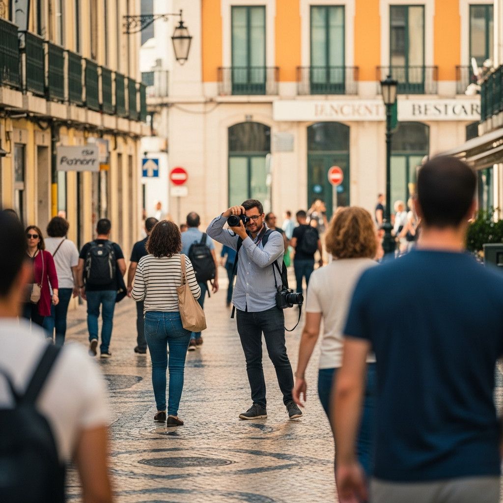 A street scene in Lisbon with people walking, with a photographer discreetly taking a photo from a distance. The photographer is not pointing the camera directly at anyone-s face and is blending into the background.