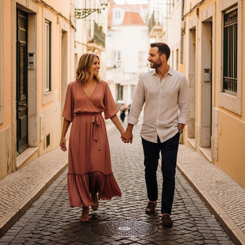 A stylish couple in Lisbon, walking hand-in-hand down a narrow, cobblestoned street in the Alfama district. She wears a flowy, muted terracotta dress, and he wears a cream-colored linen shirt and dark trousers. The focus is on their connection and how the