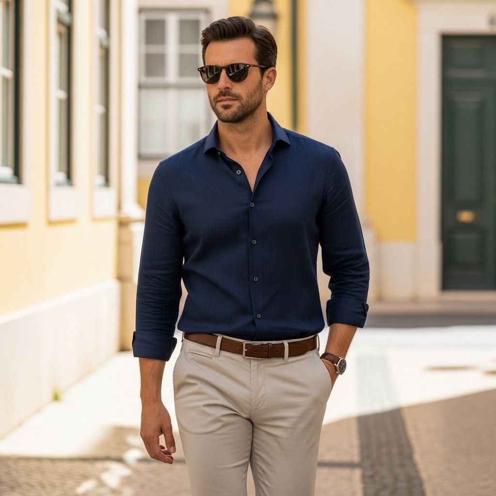 A stylish man in his 30s, wearing a perfectly fitted navy blue linen shirt and beige chinos, walking casually on a sunlit, historic street in Lisbon. The focus is on the clean lines of the clothing. The background is slightly blurred.