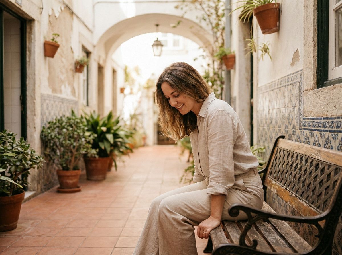 A stylish, naturally posed lifestyle portrait of a person in an elegant but not obvious Lisbon setting, like a quiet tiled courtyard or a minimalist cafe. The lighting is soft and flattering, showcasing the quality of the photography.