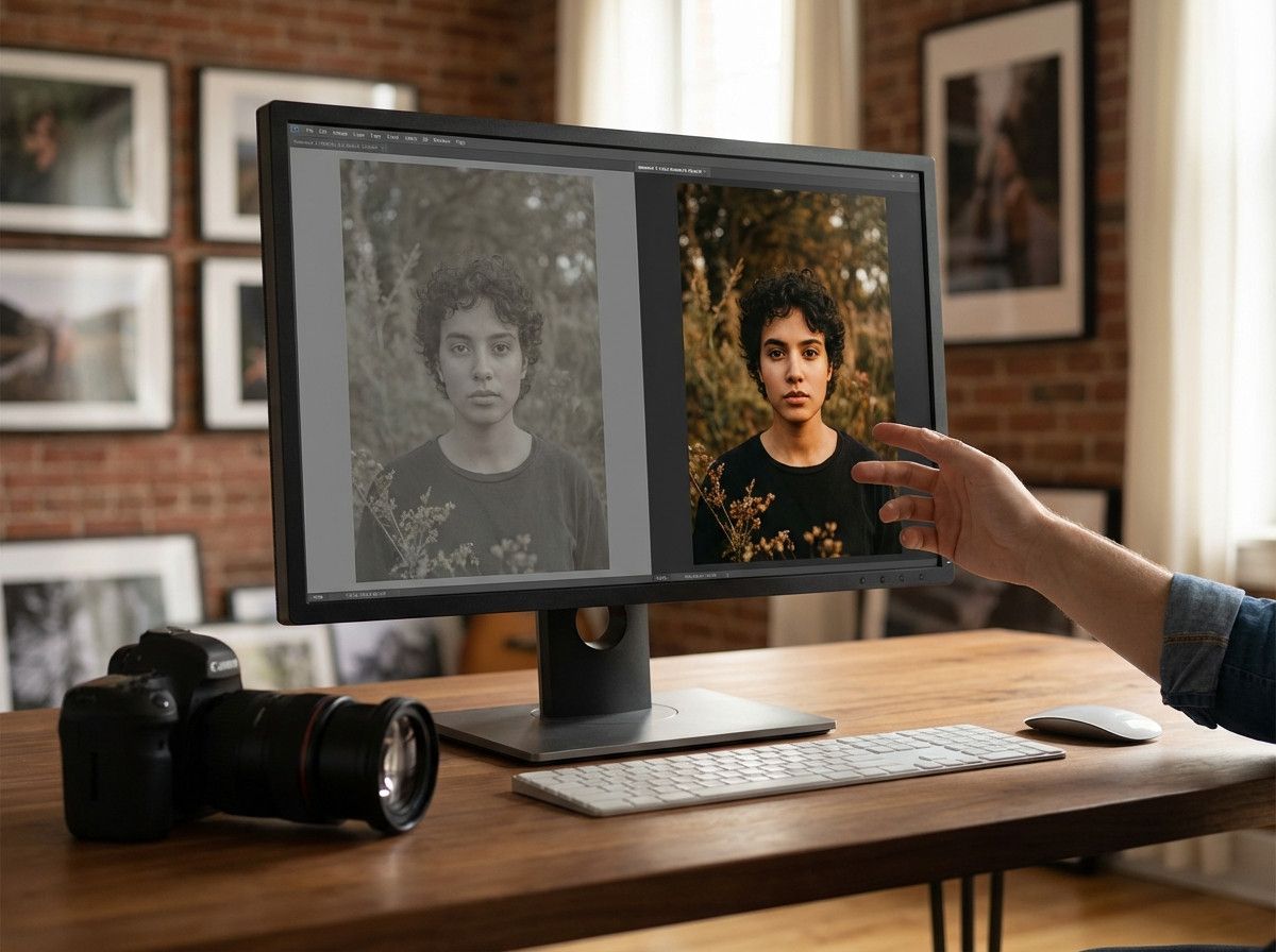 A subtle, artistic split-screen image. On the left, a flat, desaturated RAW photo of a person-s portrait. On the right, the same photo fully edited with rich colors, balanced light, and a professional finish. The focus is on the final quality, not a techn