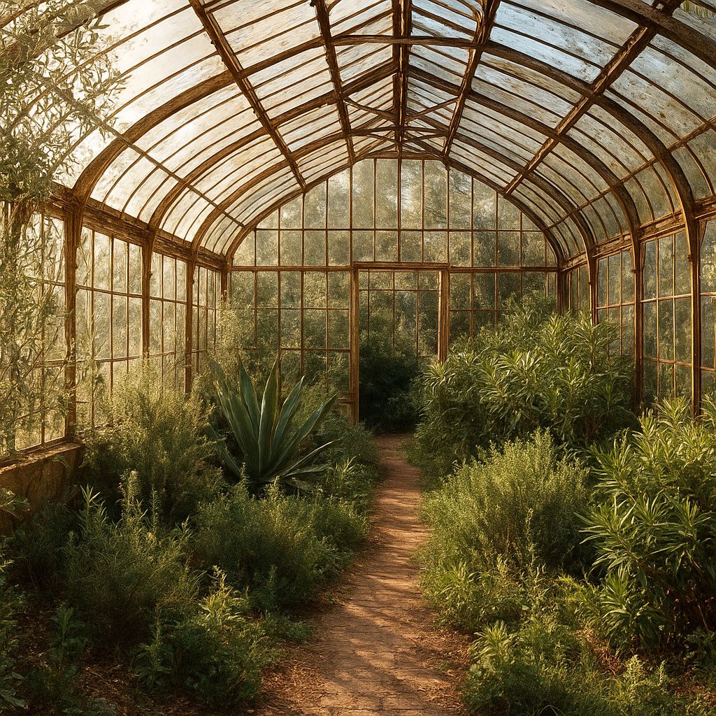 A sunlit vintage greenhouse structure with weathered iron frames and wild overgrown Mediterranean greenery, soft afternoon light filtering through tall glass panes without tourists
