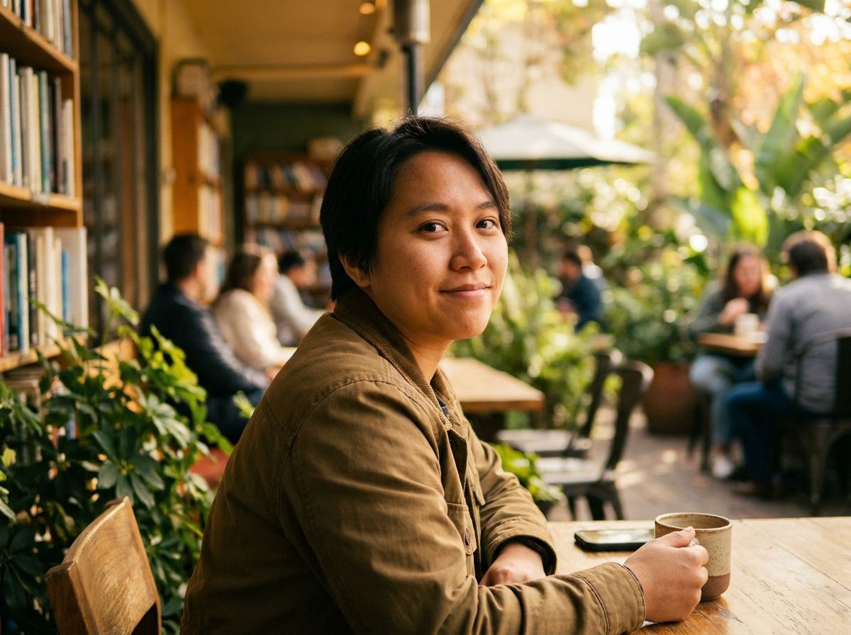 A warm, close-up portrait of a person smiling subtly and confidently, looking directly at the camera with kind eyes. The background should be softly blurred, creating a pleasant depth of field, emphasizing the person-s welcoming expression. The lighting s