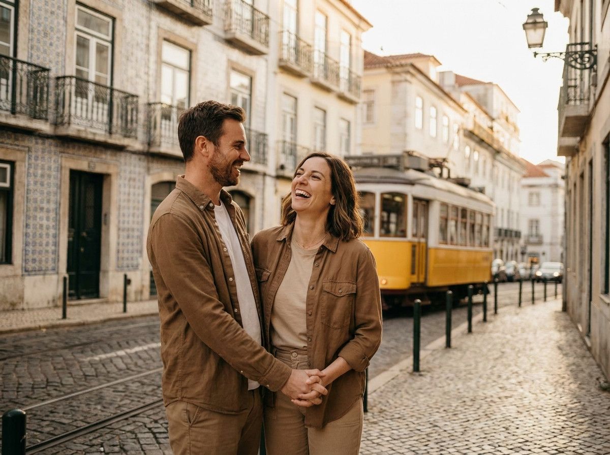 A warm, natural portrait of a couple in Lisbon, looking genuinely happy and relaxed as they interact with each other. The light is soft and flattering, emphasizing their connection rather than any specific time of day, showcasing the photographer-s abilit