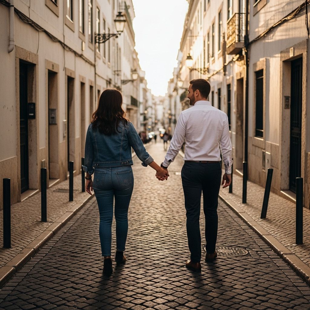 A wide shot of a couple walking away from the camera, hand-in-hand, down a narrow, charming cobblestone street in Lisbon. The late afternoon sun creates long shadows. The focus is on their connected hands and relaxed posture.