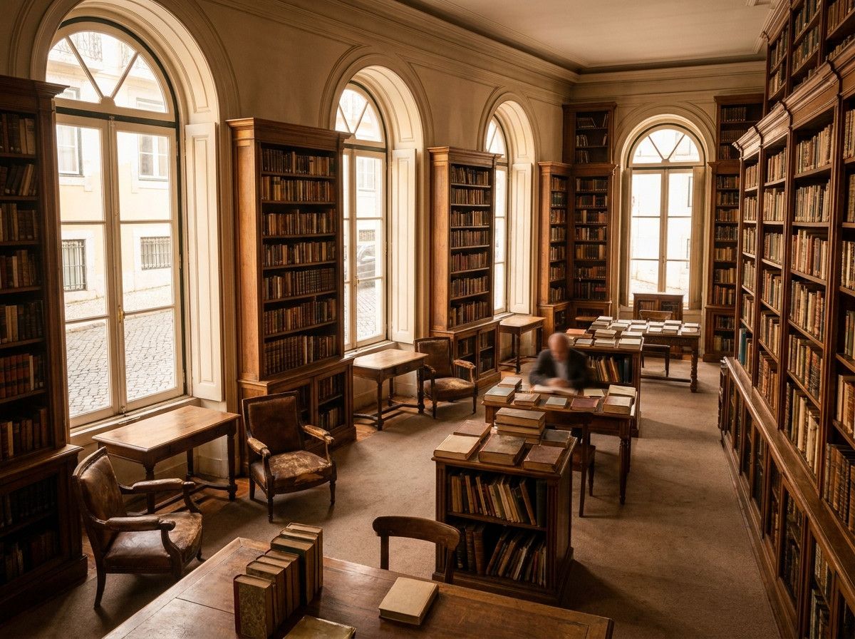 A wide shot illustrating the atmosphere of a beautiful, old library or bookstore in Lisbon, with soft light and a sense of quiet grandeur. The focus is on the environment-s ability to inspire and frame a creative individual, without showing a specific per