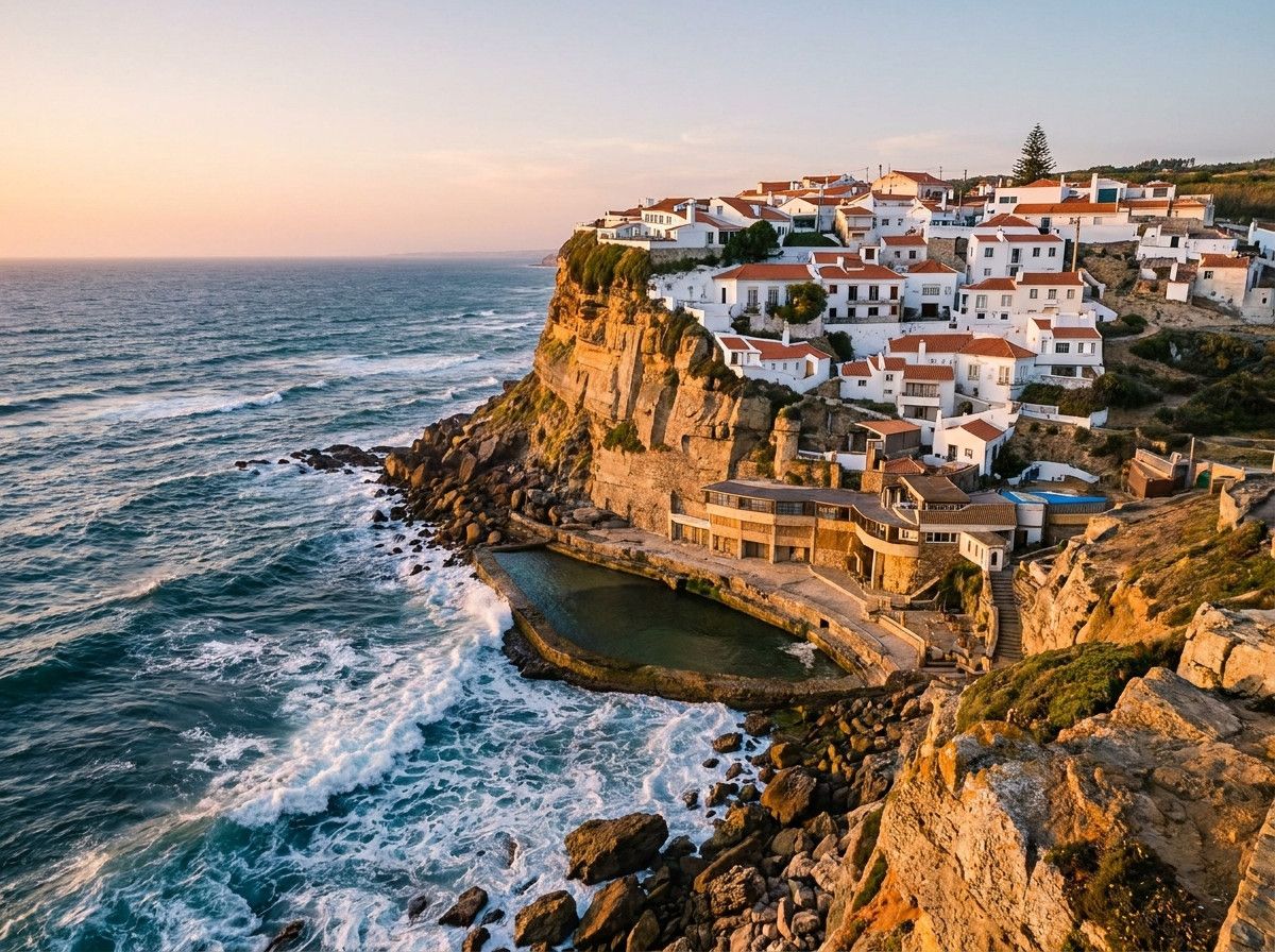 A wide shot of Azenhas do Mar village, showing white houses clinging to a dramatic cliffside overlooking the Atlantic Ocean, with waves crashing below. The light is soft, either early morning or late afternoon, emphasizing the village-s unique architectur