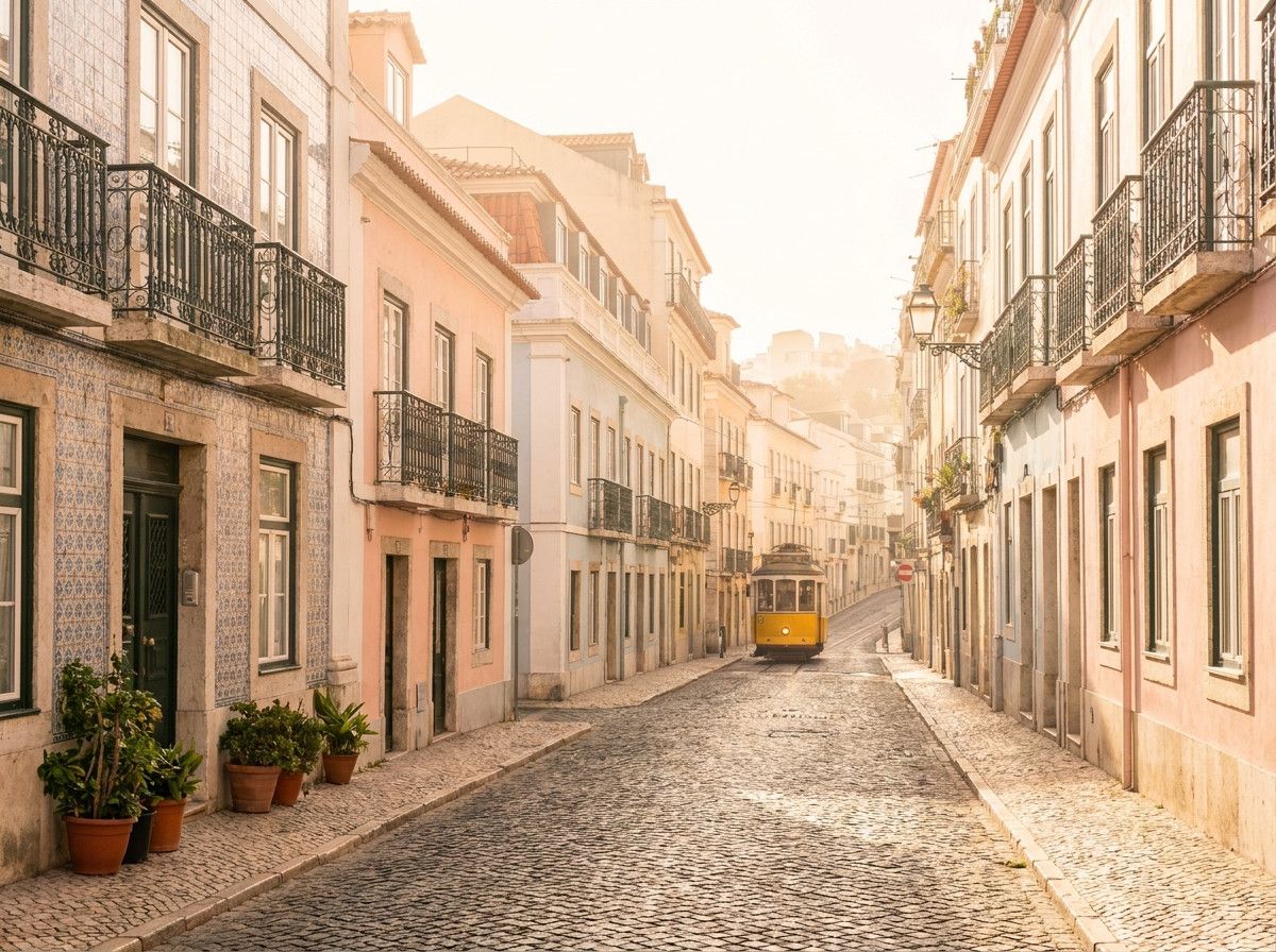 A wide shot of a picturesque street in Lisbon, with soft morning light. The street is charming, with traditional Portuguese architecture and cobblestones. There are no prominent people or famous landmarks, but the general atmosphere evokes Lisbon-s unique