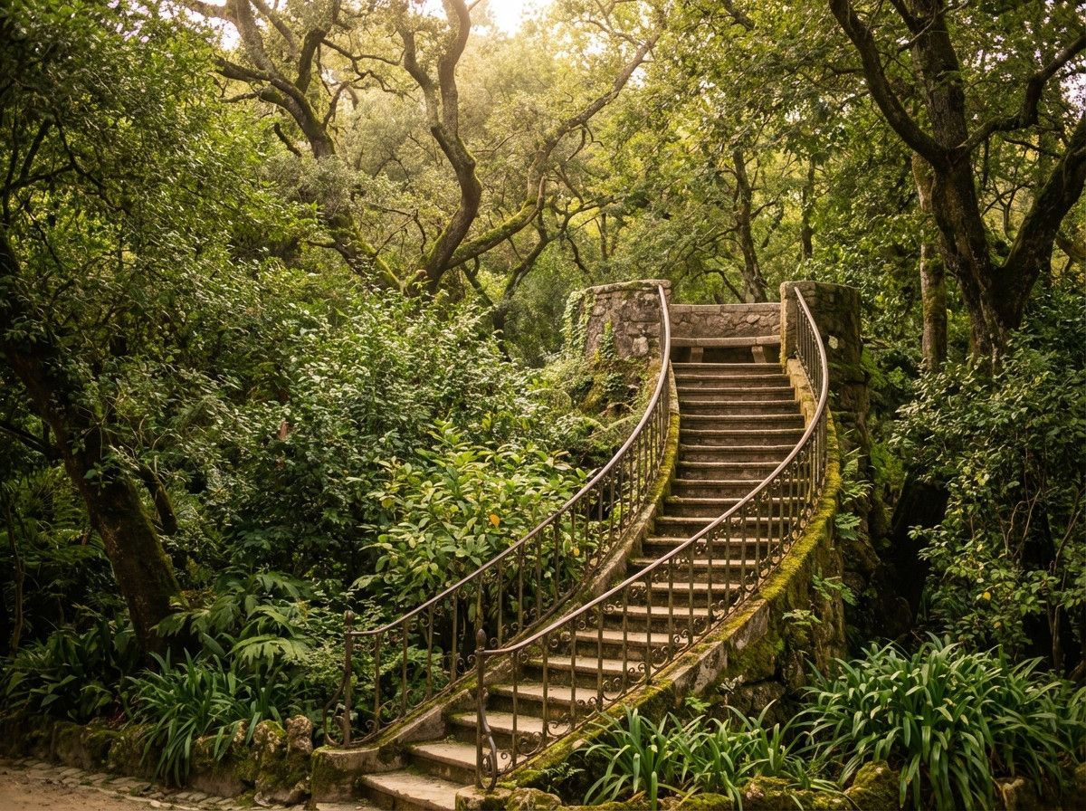 A winding stone staircase in Quinta da Regaleira gardens, surrounded by lush greenery. The staircase leads to a secluded viewpoint. Soft, diffused light.