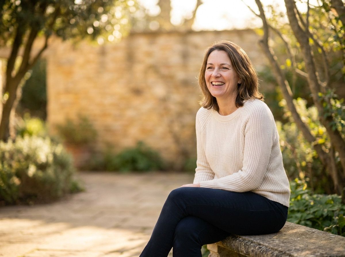A woman looking relaxed and genuinely happy during a portrait photoshoot, wearing a comfortable, elegant outfit. The photo captures her natural smile and confident posture, with soft, natural light.