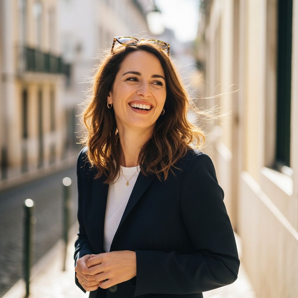 A woman standing in a charming Lisbon street, bathed in soft sunlight. She is laughing and looking off-camera, her hair blowing gently in the breeze. The background is slightly blurred, emphasizing the woman as the subject.