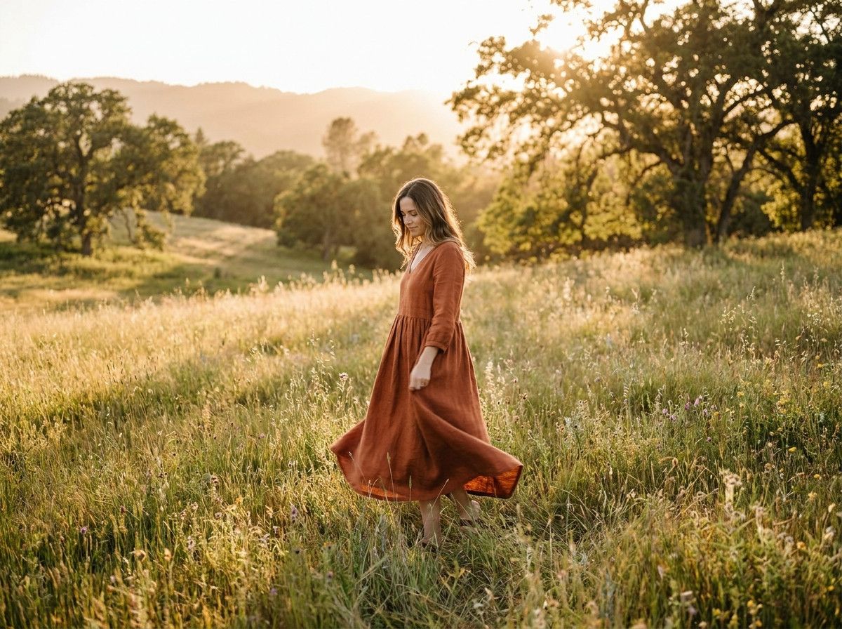 A woman wearing a flowing, solid-colored dress, gently moving, in a natural outdoor setting, with soft lighting. The focus is on the movement of the fabric and her comfortable posture.