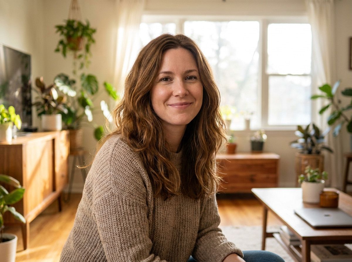 A woman with naturally styled, freshly but not overly bright hair, smiling softly and looking comfortable in a natural light setting. Her hair color looks vibrant yet settled.