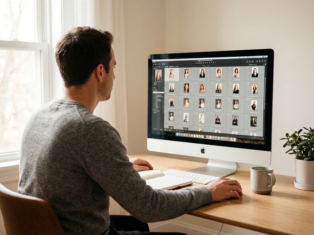 An over-the-shoulder view of a photographer at a clean, minimalist desk, culling photos on a large, color-calibrated monitor. The screen shows a grid of thumbnails from a portrait session. The atmosphere is calm and professional.