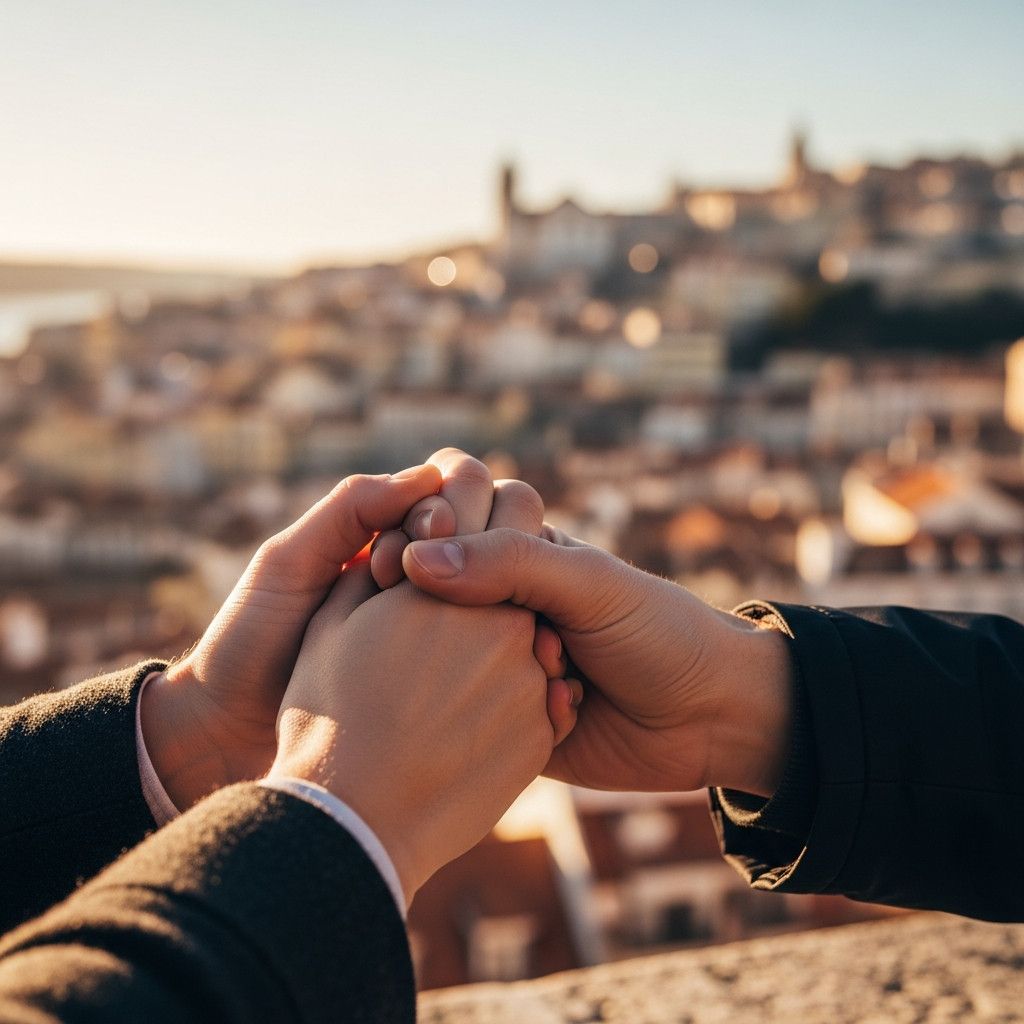 Close-up shot of two hands clasped together, with blurred background of a Lisbon cityscape at sunset. The focus is on the texture and warmth of the hands, conveying a sense of connection and intimacy.