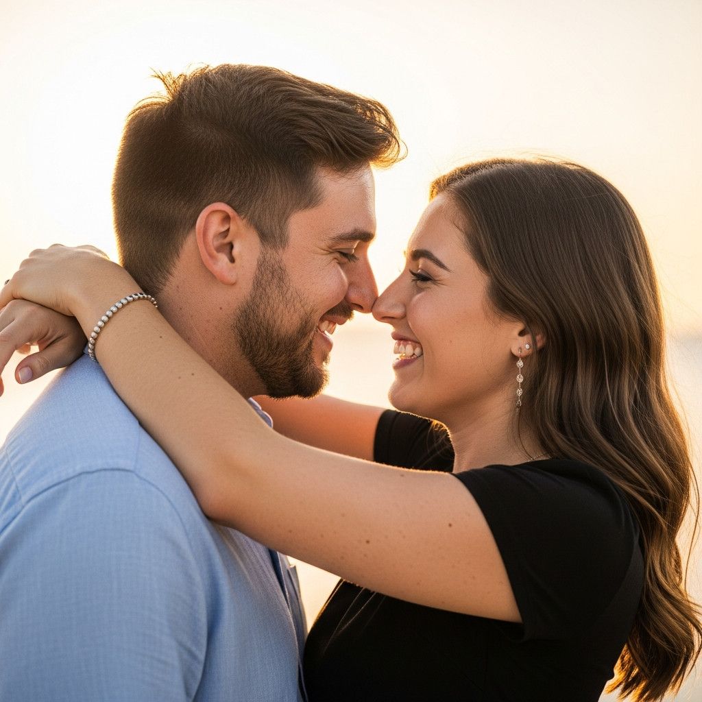 Close-up shot of a couple embracing after a proposal. The focus is on their faces, capturing the raw emotion of the moment. The background is blurred, emphasizing the intimacy of the scene.