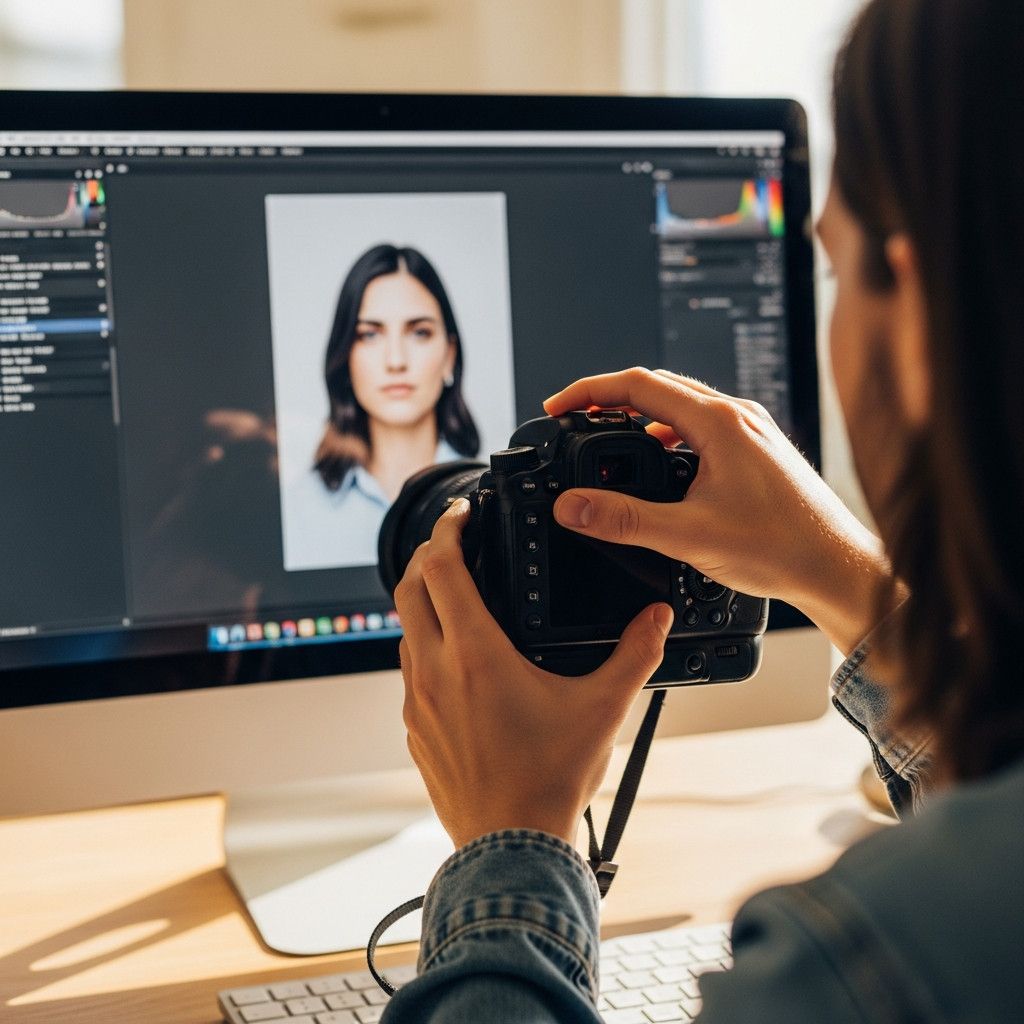 Close-up shot of a photographer-s hands carefully adjusting settings on a computer screen during photo editing. The screen should display a portrait with subtle adjustments being made. Focus on the hands and the screen.