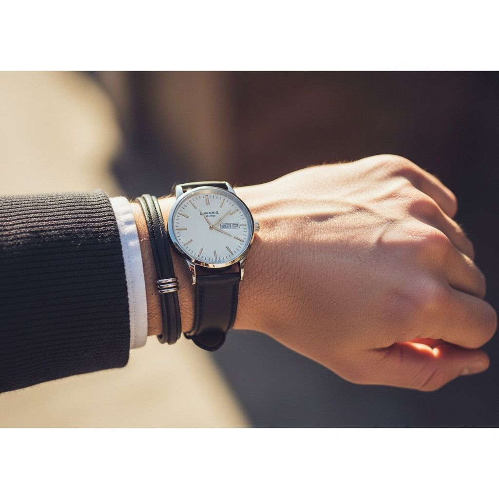 Close-up shot of a man-s hands, showing a stylish watch and a simple leather bracelet. The background should be blurred, focusing on the details of the accessories.