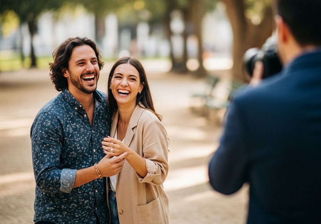 A candid shot of a couple laughing during a lifestyle photoshoot in a park in Lisbon. The photographer should be slightly visible in the background, interacting with the couple.
