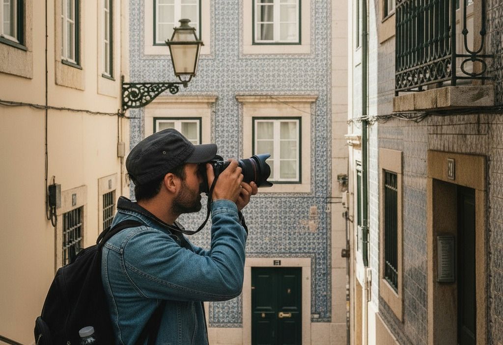 A medium shot of a photographer standing in a narrow Alfama street, focusing their camera on a building covered in traditional blue and white azulejo tiles.