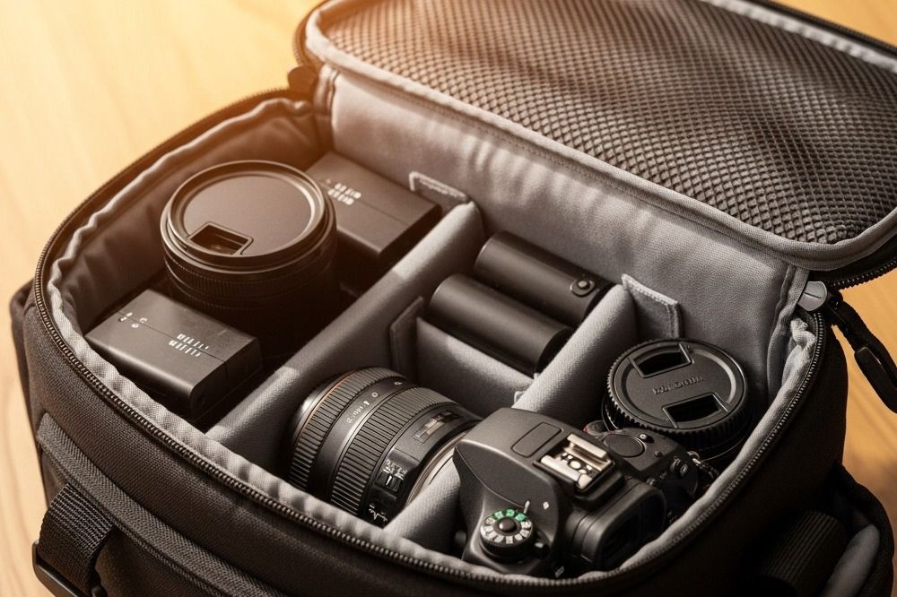 A close-up shot of a photographer-s camera bag, partially open, revealing a camera body, two lenses, and a few spare batteries.
