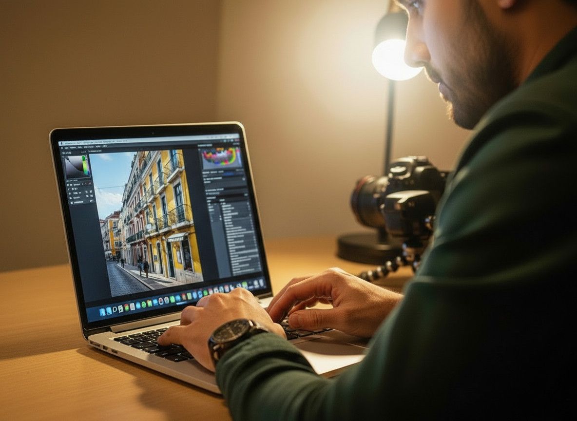 A close-up shot of a photographer-s hands editing a photo on a laptop, with the soft glow of the screen illuminating their face. The photo being edited is a Lisbon street scene with colorful buildings.