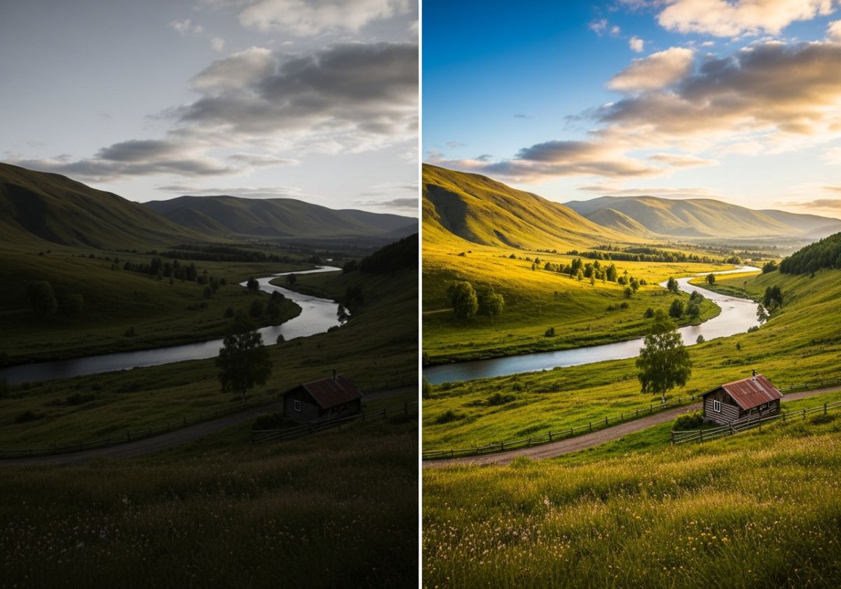 A before-and-after comparison showing an unedited photo and the final edited version, highlighting the improvements in color, lighting, and overall aesthetic.