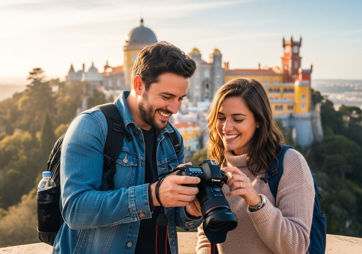 A candid photo of a photographer interacting with a solo traveler in Sintra. They are both smiling and looking at the camera screen, possibly reviewing a photo. The background should feature a recognizable Sintra landmark, like Pena Palace or Monserrate P