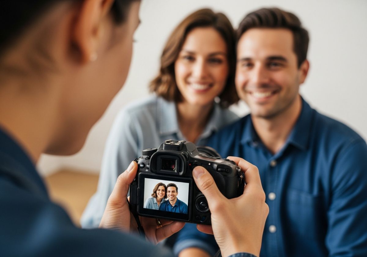 A close-up, slightly blurred photo of a photographer showing a client their photos on the back of the camera. The client is smiling and appears relaxed. The background is a neutral, uncluttered studio space.