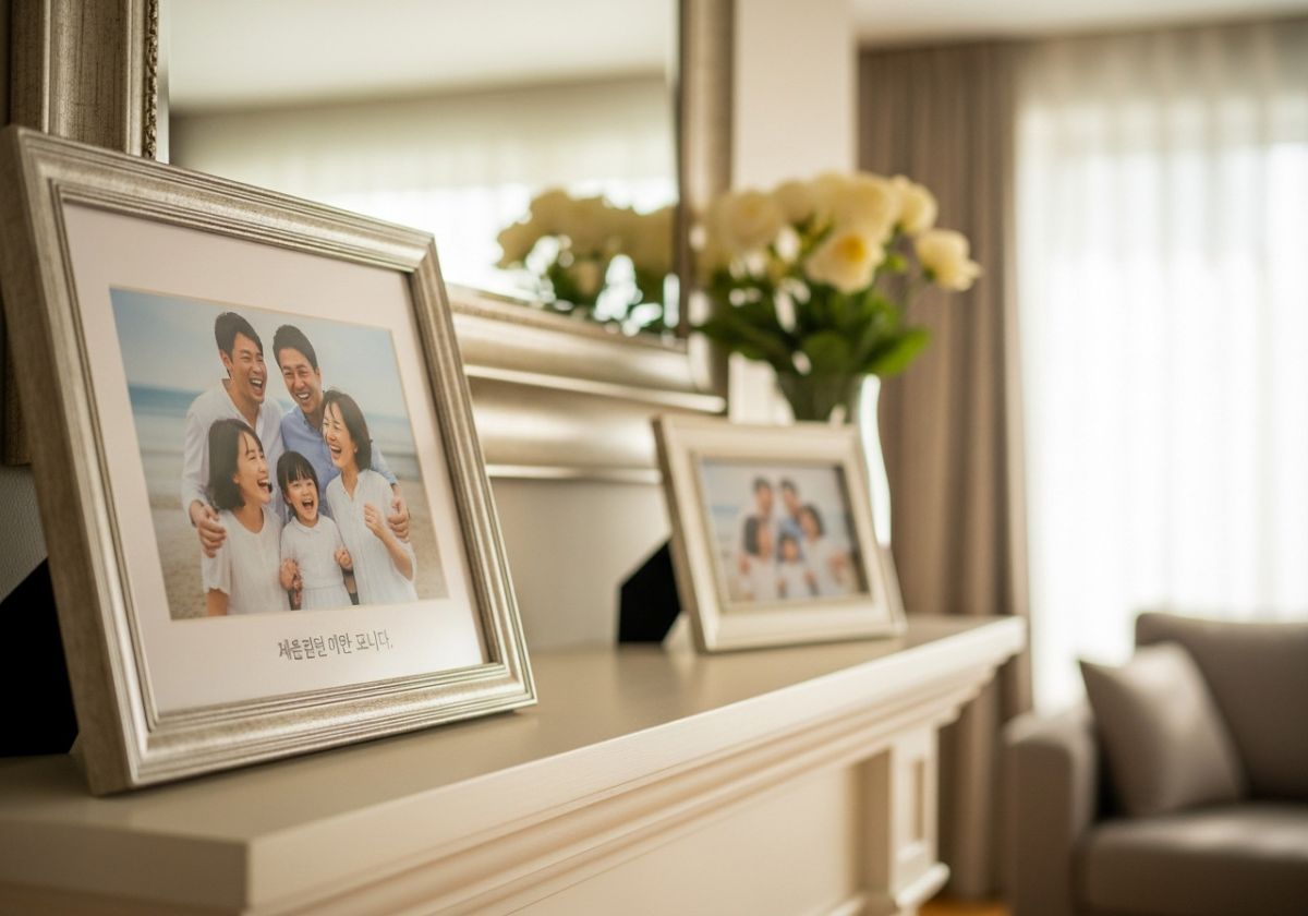 A close-up, slightly blurred image of a framed photograph on a mantlepiece. The photograph shows a family laughing together during a photoshoot.