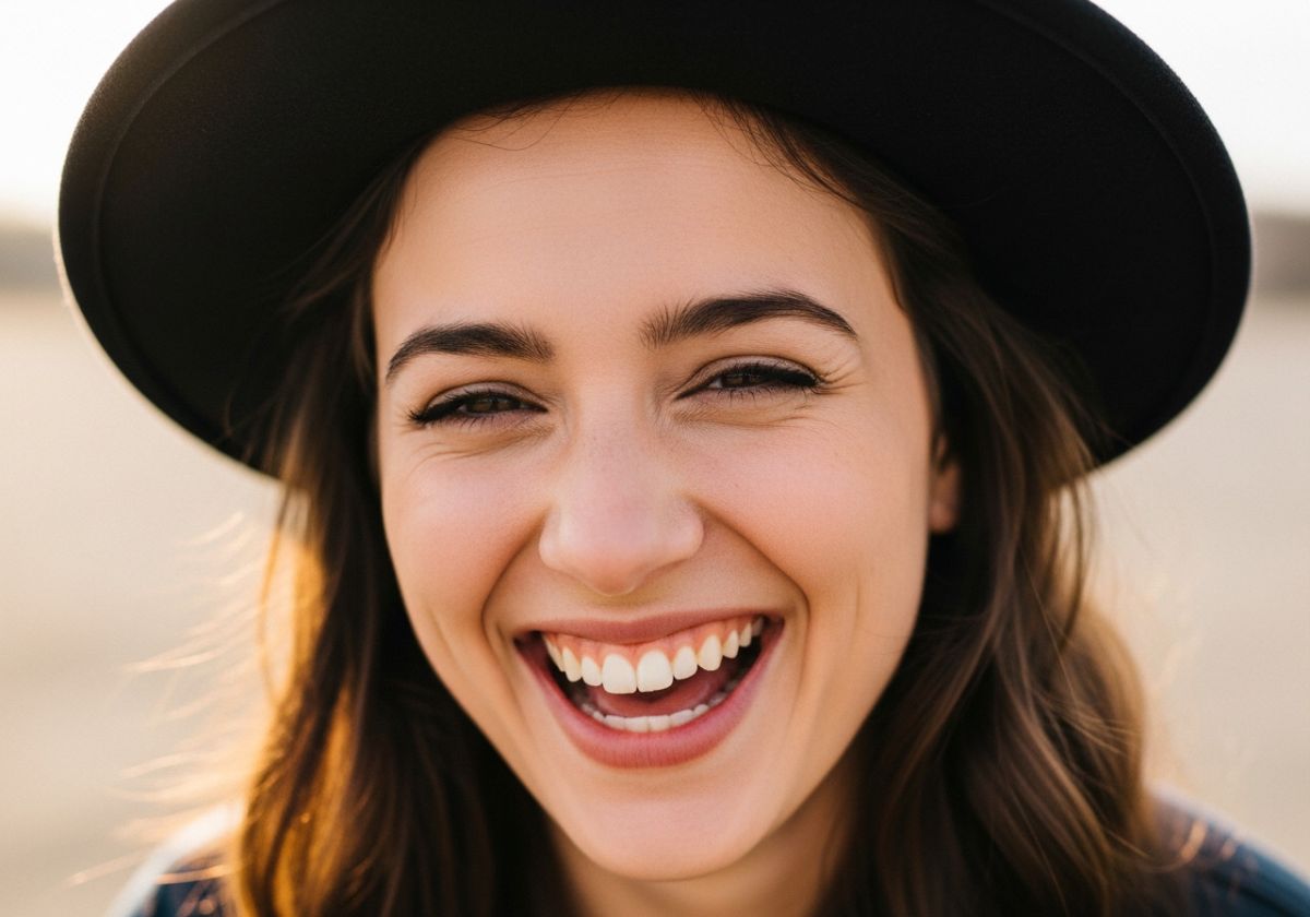 A close-up shot of a person-s eyes while they are genuinely laughing. The focus is on the crinkles around the eyes and the sparkle of joy.