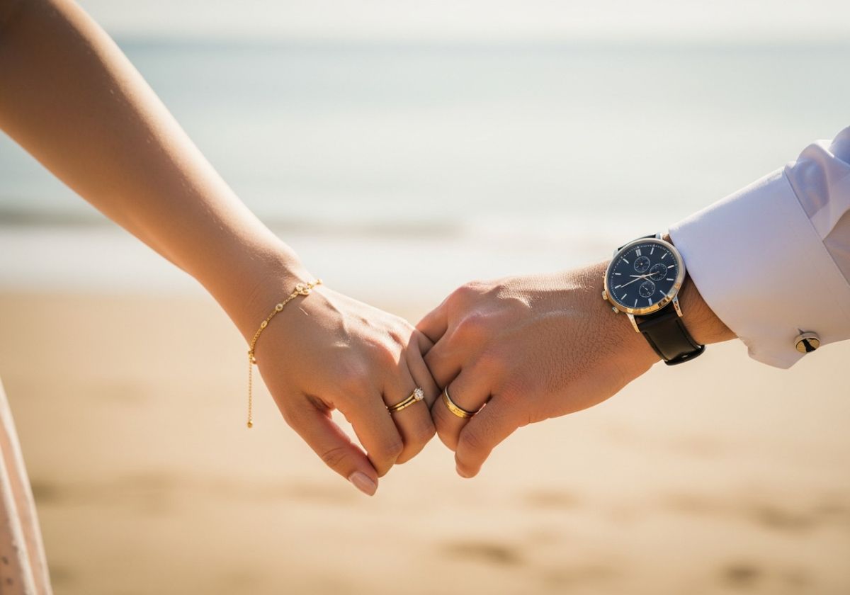 A close-up photo of a couple-s hands. The woman is wearing a delicate gold bracelet, and the man is wearing a stylish watch. They are holding hands, and the background is blurred.