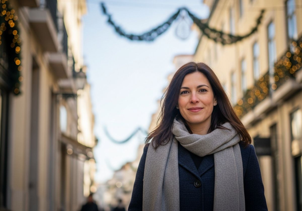 A close-up portrait of a woman in Lisbon during winter. She-s wearing a stylish coat and a scarf, with a slight smile on her face. The background is blurred, showing a glimpse of a Lisbon street with Christmas decorations.