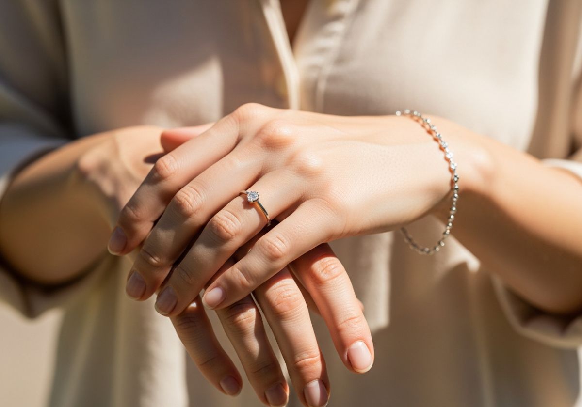 A close-up shot of a woman-s hands, showcasing delicate jewelry like a simple ring and a bracelet. The background is blurred to focus on the accessories.