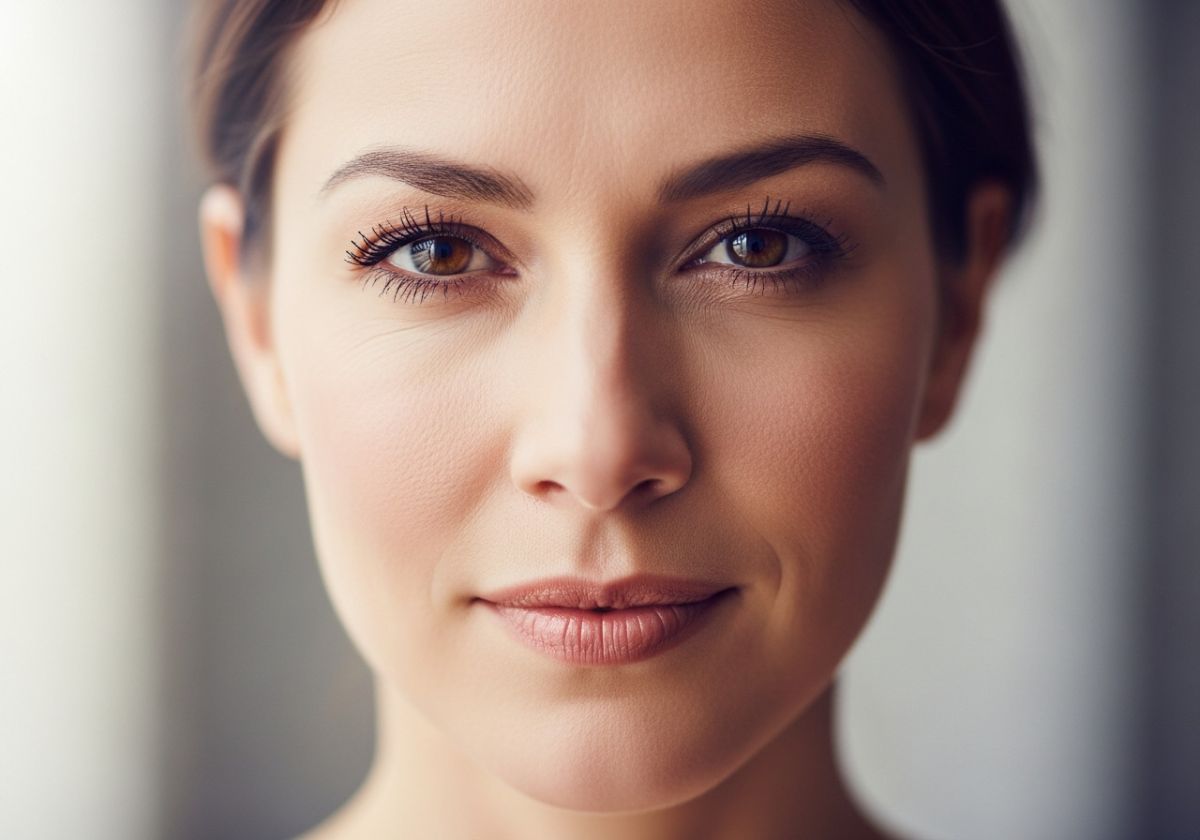 A close-up portrait of a woman looking directly at the camera with a soft, confident expression. The lighting is soft and flattering, highlighting her natural features. Minimal makeup. The focus is on her eyes and the sense of connection she conveys.