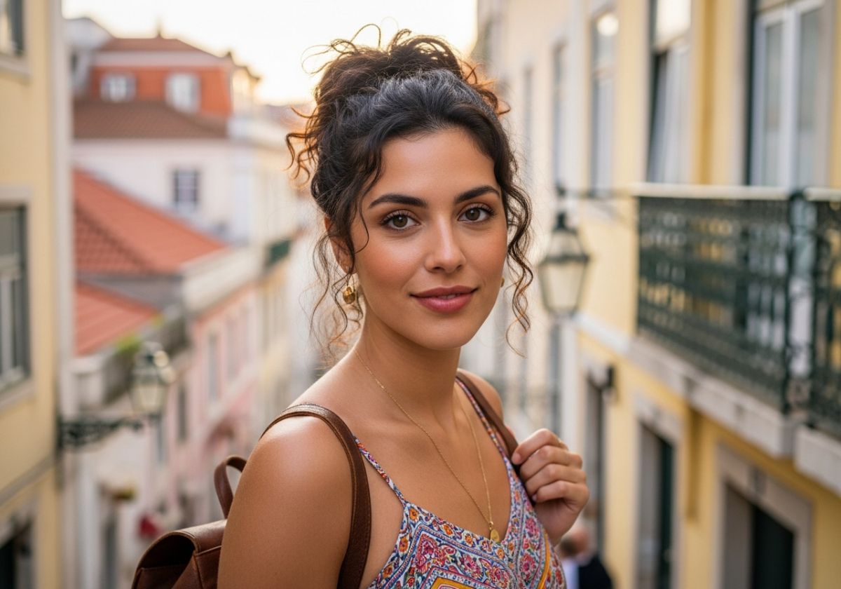 A close-up lifestyle portrait of a solo female traveler in Lisbon, looking directly at the camera with a confident and happy expression. The background should be slightly blurred, showing a typical Lisbon cityscape with colorful buildings.
