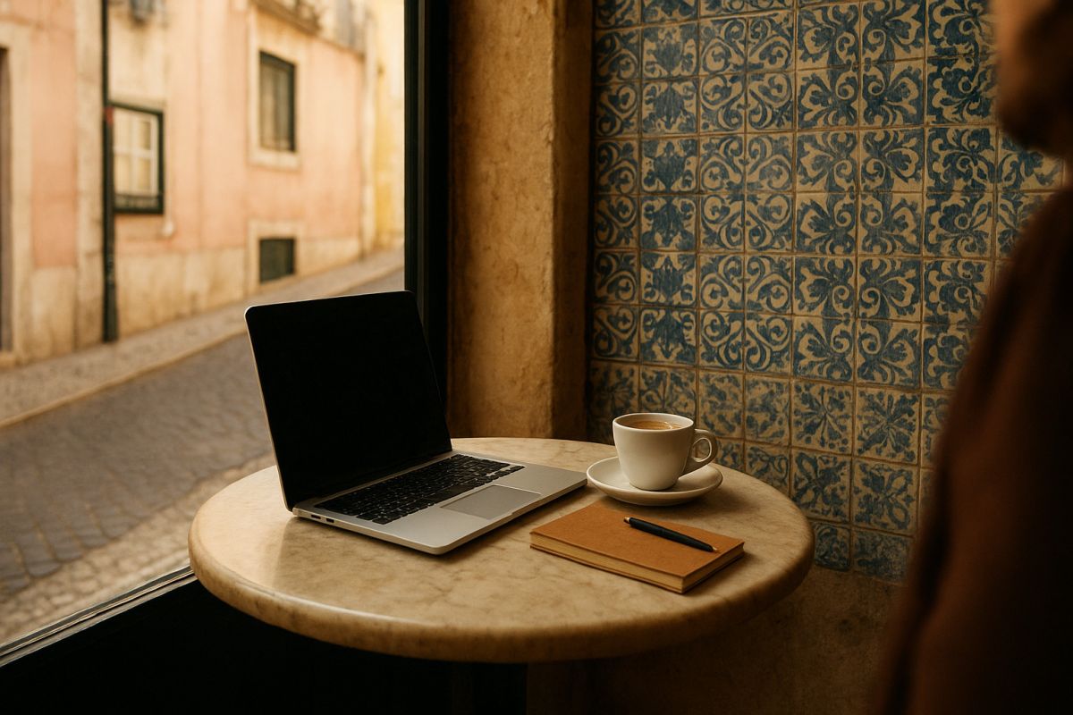 A professional sitting relaxed at a corner cafe table near a tall window, looking thoughtfully slightly away from an open laptop, dressed in high-end casual clothing with warm textures around