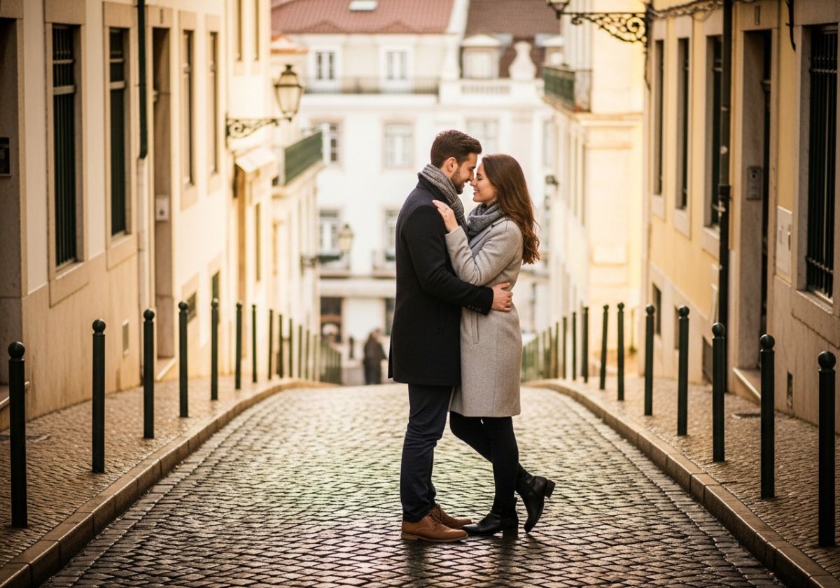 A couple embracing in Lisbon-s Alfama district during winter, bathed in soft, diffused light. Cobblestone streets are slightly wet, reflecting the warm light. The couple is dressed in stylish, warm clothing.