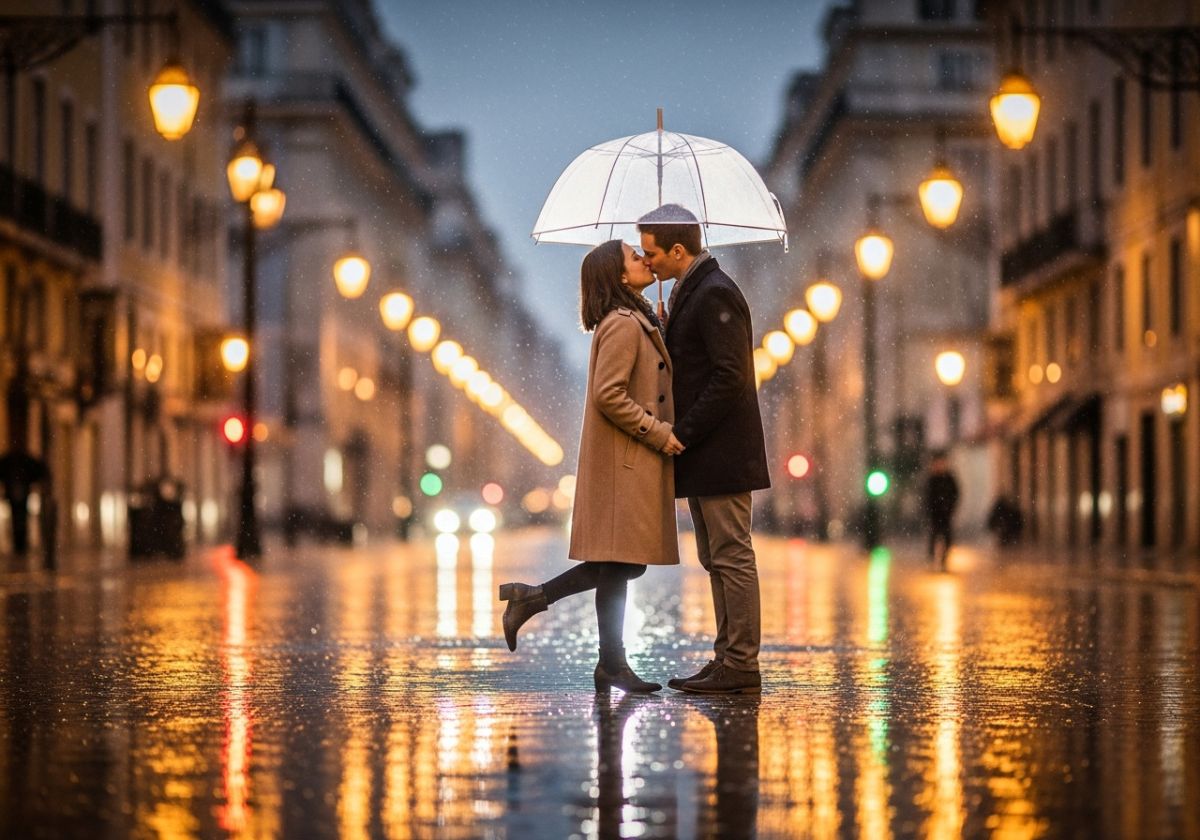 A couple kissing under a clear umbrella on a rainy Lisbon street. The streetlights reflect beautifully on the wet pavement, creating a romantic atmosphere. The background shows blurred lights and silhouettes of buildings.