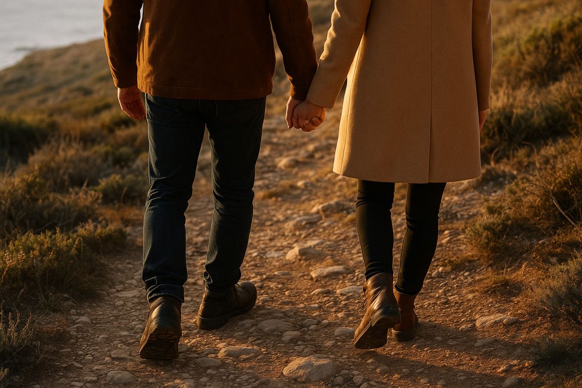 A close-up of a couple-s hands intertwined while walking along a rocky, dusty coastal path, wearing sturdy travel boots, with low evening light casting long shadows across wild coastal scrub.